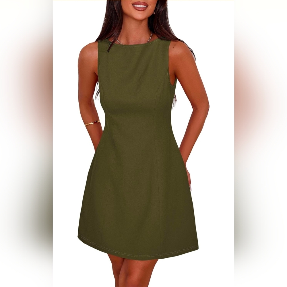 Sleeveless Olive Green Mini Dress with Clean A-Line Silhouette